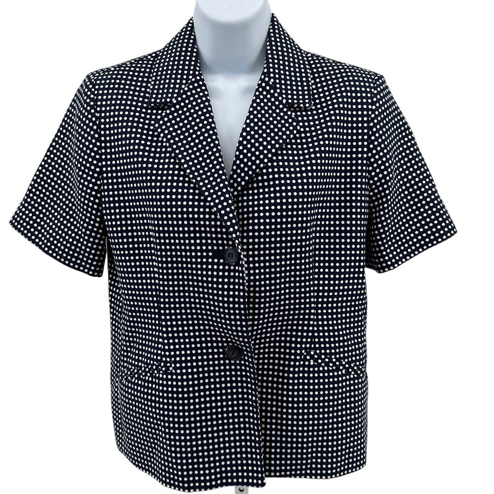 Alfred Dunner Jacket SZ 8P Navy Blue White Polka Dot Short Sleeve 2-Button Lined